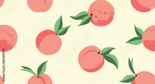 A seamless pattern of ripe pink peaches with green leaves scattered across a soft, pale yellow background in a flat design.