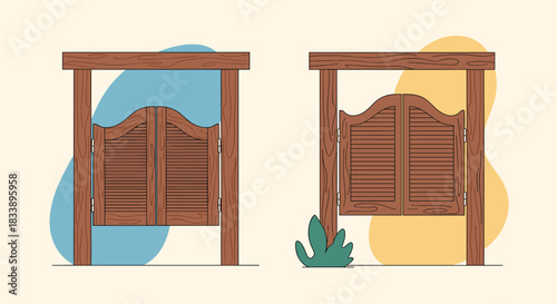 A set of two classic wooden saloon doors from the Wild West, illustrated in a vector style with abstract colored backgrounds.