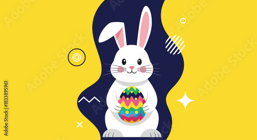 A cute white Easter bunny holding a colorful decorated egg against a vibrant yellow and blue abstract background with shapes.