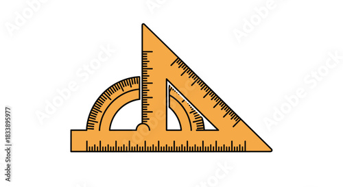 A set of orange geometry tools, including a protractor and set squares, for school, math, and engineering illustrations.