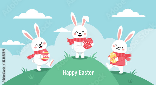 Happy Easter greeting card design with three cute white rabbits wearing scarves and holding decorated eggs on a green hill.