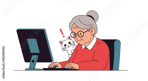 An elderly woman with glasses and gray hair working on a computer, with a curious white cat looking over her shoulder.