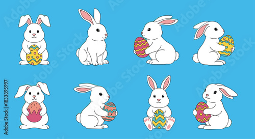 A collection of eight cute white Easter bunnies in various poses, some holding colorful decorated eggs on a blue background.