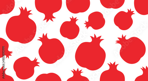 A simple seamless pattern of red pomegranate fruit silhouettes scattered randomly across a clean and bright white background.