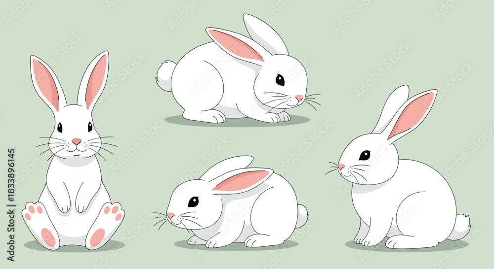 Fototapeta premium Adorable collection of four cute white rabbits with pink ears in various poses, isolated on a soft light green background.