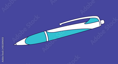 A simple cartoon illustration of a blue and white retractable ballpoint pen against a solid dark purple background.