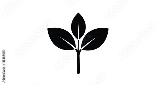 A simple black silhouette icon of a plant sprout with three leaves, symbolizing nature, growth, and ecology vector icon.