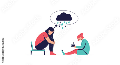 A person offering a warm drink to a sad and depressed woman, illustrating the concept of support, empathy, and friendship.