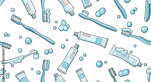 A seamless pattern related to dental hygiene, featuring toothbrushes, toothpaste, and bubbles on a clean white background.