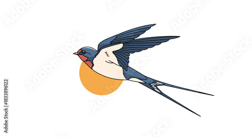 An elegant illustration of a swallow bird in flight, with a simple orange sun in the background, in a classic tattoo style.