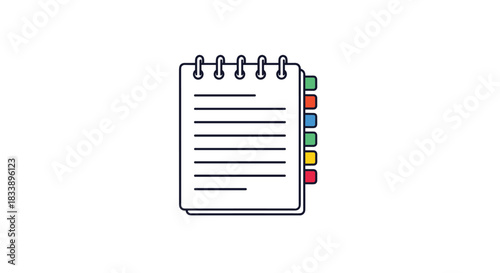 A simple line art icon of a spiral-bound notebook with lined paper and colorful tabs on the side for organization.