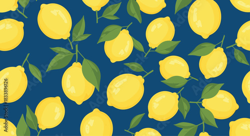 A vibrant seamless pattern of fresh yellow lemons with green leaves on their branches, set against a solid dark blue background.