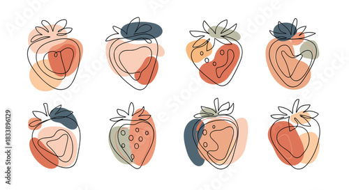 A collection of abstract strawberries drawn with a continuous line art style over modern, organic shapes in muted colors.