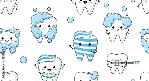 A seamless pattern of cute kawaii teeth characters showing dental hygiene concepts like brushing and washing on white background.