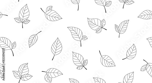 A minimalist seamless pattern of scattered hand-drawn leaves with a stitched line detail, in black and white for backgrounds.