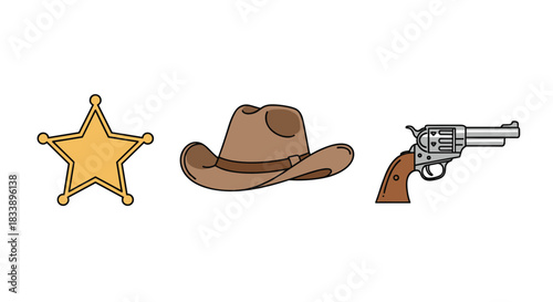 Iconic wild west symbols including a gold sheriff star badge, a brown cowboy hat, and a classic revolver pistol on a white background.