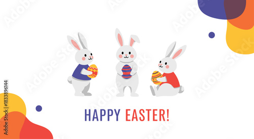 Happy Easter greeting card with three cute white rabbits holding decorated eggs, set against colorful abstract background shapes.
