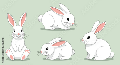 Adorable collection of four cute white rabbits with pink ears in various poses, isolated on a soft light green background.
