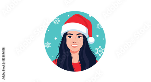 Festive christmas avatar of a smiling young woman with long dark hair wearing a red santa hat inside a blue circle with snowflakes.