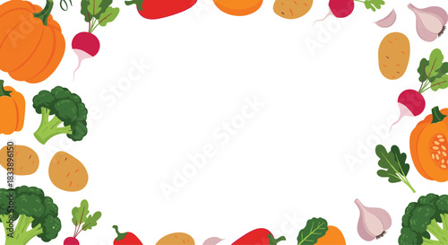 Colorful frame border made of fresh organic vegetables like pumpkin, broccoli, and potatoes with blank copy space in the center.