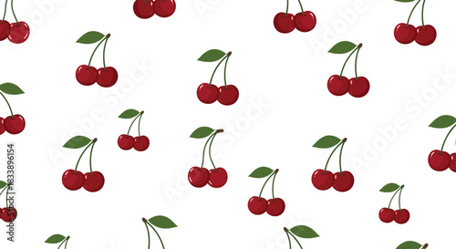 Simple and sweet seamless pattern of bright red cherries with green leaves scattered across a clean white background for textile design.