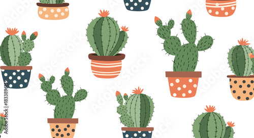 Seamless repeating pattern of cute hand-drawn green cacti and succulents with flowers in colorful decorative pots on a white background.