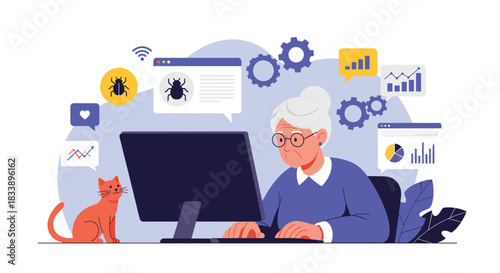 Elderly woman engaged in quality assurance testing on her computer with her cat, surrounded by data analysis and bug report icons.
