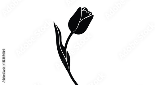 Elegant and simple black silhouette icon of a single tulip flower with a stem and leaf, isolated on a solid white background.
