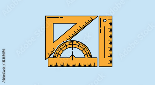 Collection of orange school geometry tools including a protractor, set square, and ruler, isolated on a light blue background.