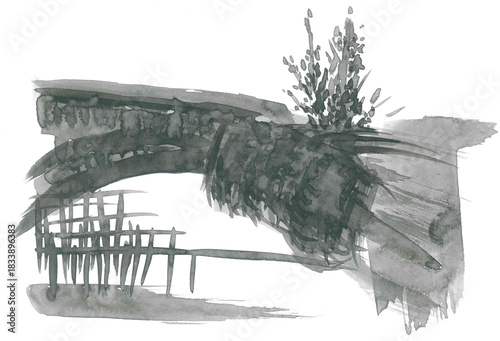 Cityscape. Abandoned dilapidated gate arch. Wall with trees growing on it. Mystical symbolism. Hand-drawn gray ink drawing. Old dilapidated building. Ancient ruin. Urban street art. Creative wallpaper