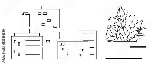 Urban planning, eco-design, sustainability, architecture, nature integration, environment. Minimal city skyline next to flowers. Urban planning and eco-design