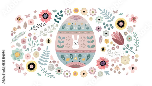 Whimsical easter egg adorned with a cute bunny and surrounded by a vibrant array of delicate pastel flowers and foliage creating a festive spring celebration