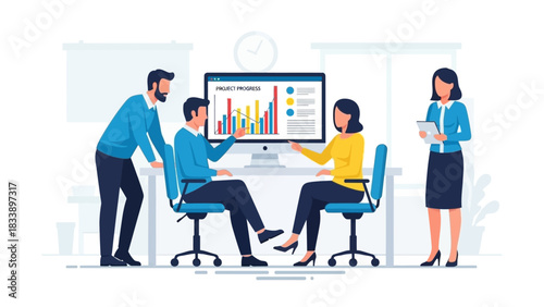 Business Team Analyzing Data on Computer Screen in Office.
