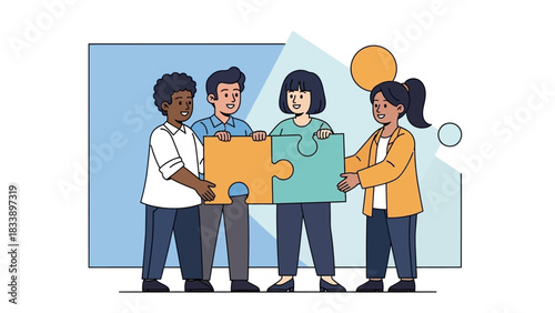 Diverse Team Assembling Puzzle Pieces - Collaboration and Problem Solving.