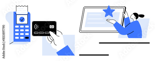 Digital transactions, e-commerce, financial services, contactless payments, virtual interactions, user engagement. A hand holding a card near a payment terminal and a person interacting