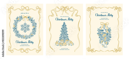 Whimsical hand-drawn Christmas invitation card with Christmas tree, wreath, Christmas elements.. Happy holiday greeting vector card, illustration for celebratory event announcement