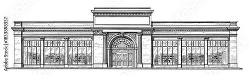 Line art illustration of classical building facade