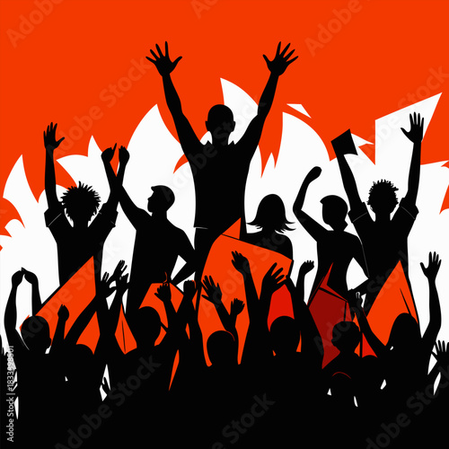Silhouette of a cheering crowd with raised hands against an orange backdrop