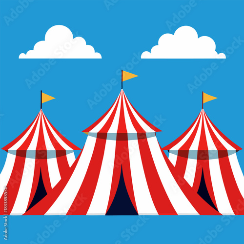 Three large red and white striped circus tents under a bright blue sky