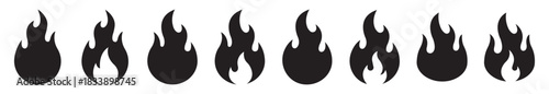 Set of bold minimal fire flame symbols showing heat, burning and high-temperature energy in clean solid shapes. Designed for hazard, warning, flammable and hot surface concepts – stock vector