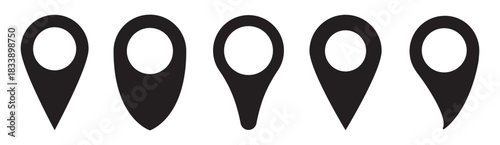 Set of minimal location pin symbols representing map markers, navigation points, GPS positions and place indicators in bold solid shapes for geolocation, travel and routing purposes – stock vector