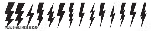 Set of dynamic lightning bolt symbols representing electric power, energy, voltage, shock and fast striking motion in bold minimal shapes for electricity danger and high-energy concepts – stock vector