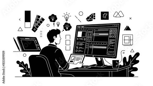 Creative designer working on digital projects with inspiration and tools