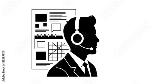 Customer service representative with calendar and communication icons