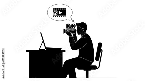 Filmmaker planning a scene with a vintage camera and laptop