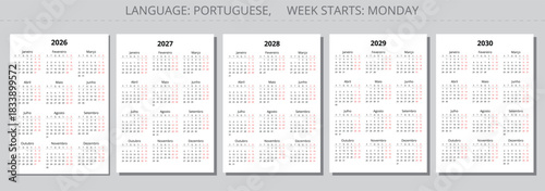 2026, 2026, 2027, 2028, 2029, 2030 year portuguese anual calendars. Printable vector illustration set for Portugal