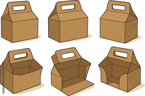 set of icons of rectangular boxes made of kraft paper for food delivery in different perspectives