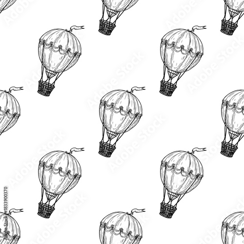 Balloon with a wicker basket, black and white sketch. Vector illustration. Seamless pattern with geometric pattern of a child's toy, isolated on a white background. Birthday theme, nursery decor