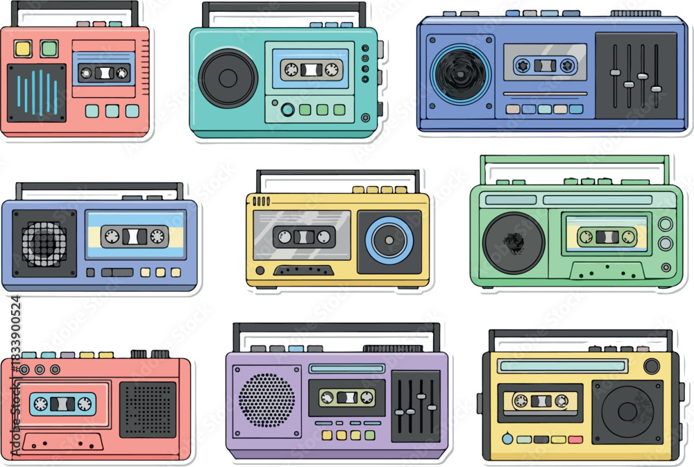 Fototapeta premium Retro Boombox Collection Vintage Audio Player Stickers for Music Lovers