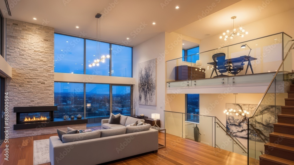 Naklejka premium Modern luxurious living room with glass wall and mezzanine office space